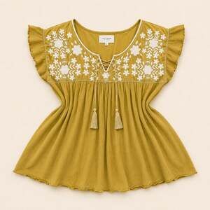 Lucky Brand Mustard Embroidered Boho Peasant Top Cottagecore Large